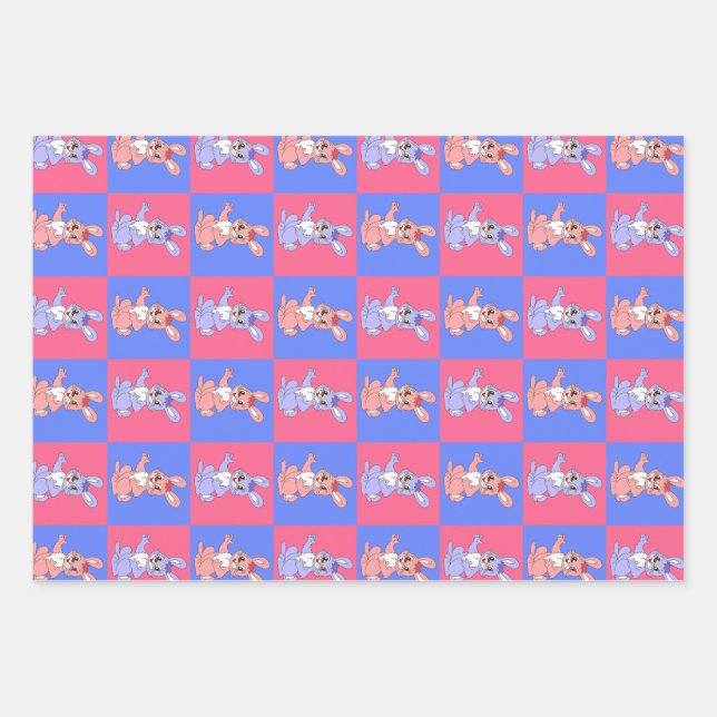 Geometric Pink Blue Bunny Rabbit Pattern  Wrapping Paper Sheet (Front)