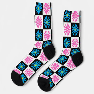 Geometric Pink Blue Floral Pattern Socks