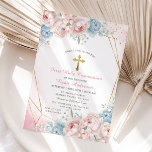 Geometric Pink Blue Roses First Holy Communion Invitation