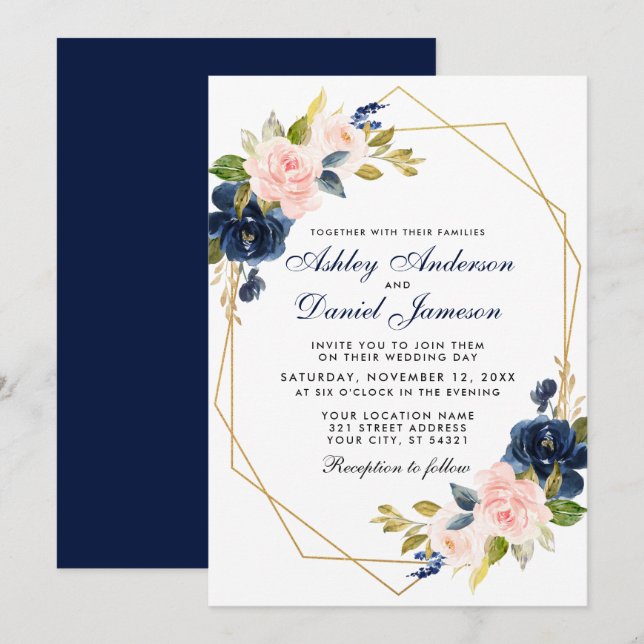 Geometric Pink Blush Blue Floral Wedding Invitation (Front/Back)