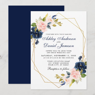 Geometric Pink Blush Blue Floral Wedding Invitation