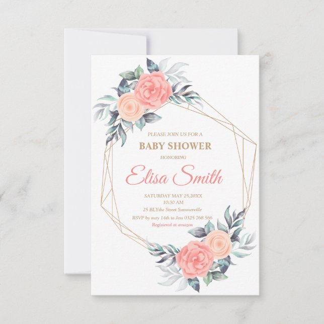 geometric pink blush floral baby shower girl RSVP card (Front)