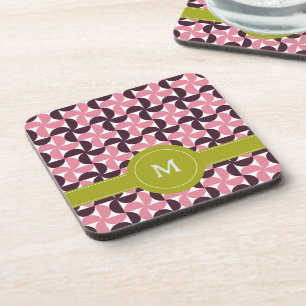 Geometric Pink Burgundy Floral Green Lime Monogram Coaster
