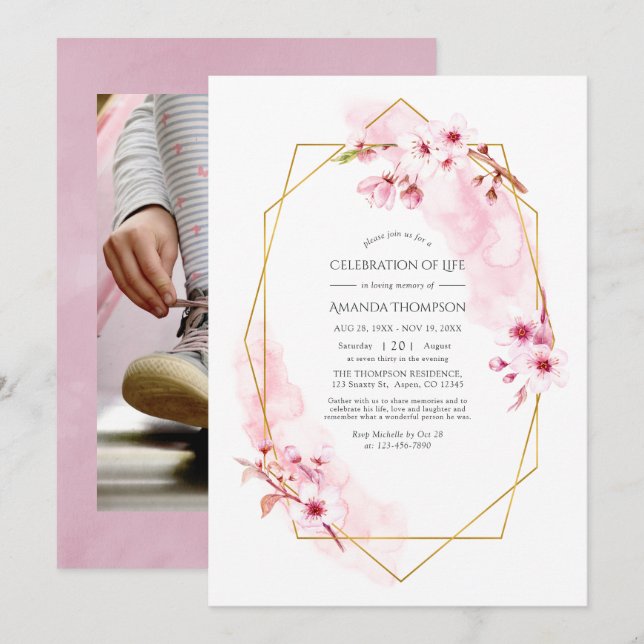 Geometric Pink Cherry Blossom Celebration of Life Invitation (Front/Back)