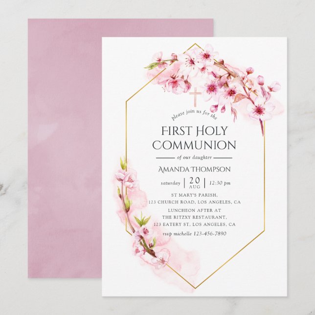 Geometric Pink Cherry Blossom First Communion Invitation (Front/Back)