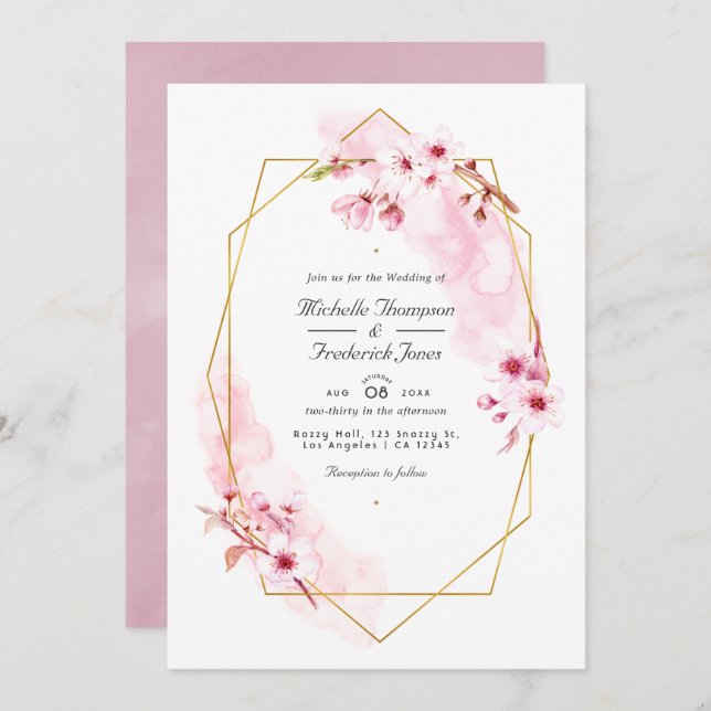 Geometric Pink Cherry Blossom QR Code RSVP Wedding Invitation (Front/Back)