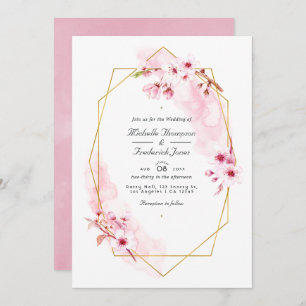 Geometric Pink Cherry Blossom QR Code RSVP Wedding Invitation