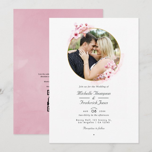 Geometric Pink Cherry Blossom QR Code RSVP Wedding Invitation (Front/Back)