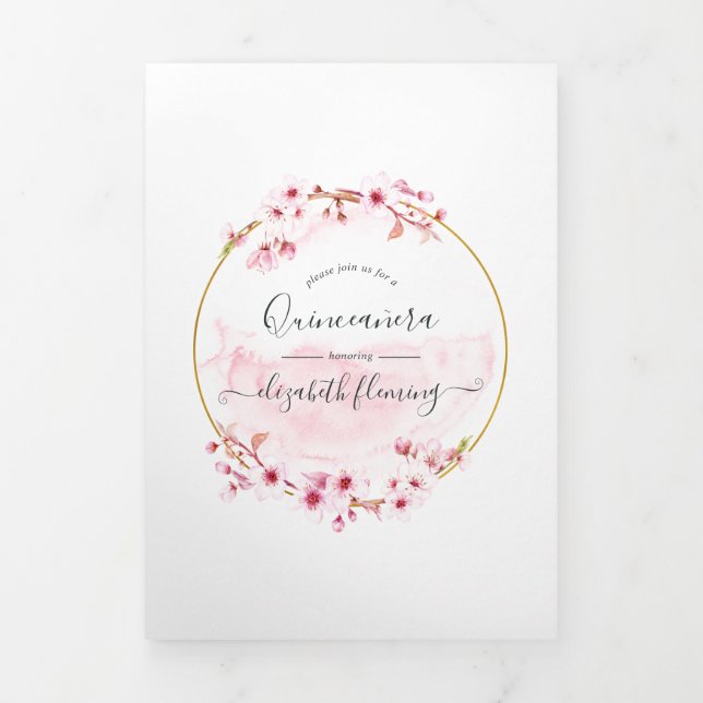 Geometric Pink Cherry Blossom Quinceañera Photo Tri-Fold Card (Cover)