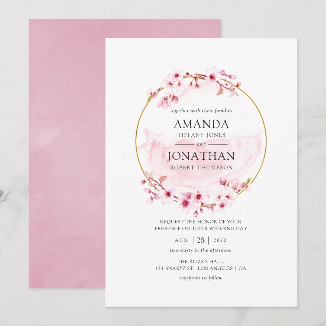 Geometric Pink Cherry Blossom Spring Wedding Invitation (Front/Back)
