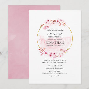 Geometric Pink Cherry Blossom Spring Wedding Invitation