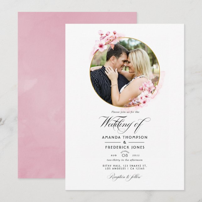 Geometric Pink Cherry Blossom Spring Wedding Photo Invitation (Front/Back)