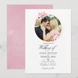 Geometric Pink Cherry Blossom Spring Wedding Photo Invitation