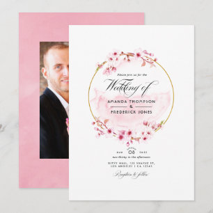 Geometric Pink Cherry Blossom Spring Wedding Photo Invitation