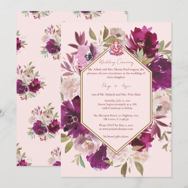 Geometric Pink Floral Hindu Ganesh Wedding Invitation (Front/Back)