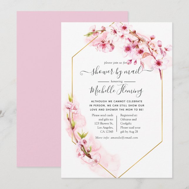 Geometric Pink Floral Spring Baby Shower by Mail Invitation (Front/Back)