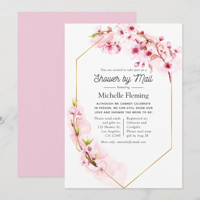 Geometric Pink Floral Spring Bridal Shower by Mail Invitation (Front/Back)