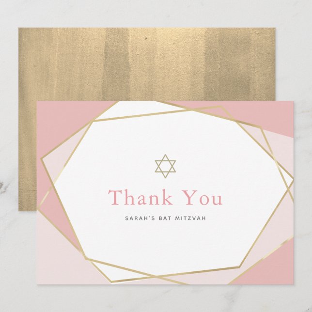 Geometric Pink & Gold Bat Mitzvah Thank You Card (Front/Back)