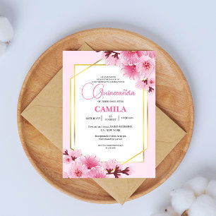 Geometric Pink gold Cherry Blossom Quinceañera Invitation