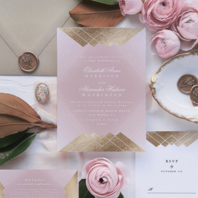 Geometric Pink Gold Gatsby Calligraphy Wedding Invitation (Creator Uploaded)