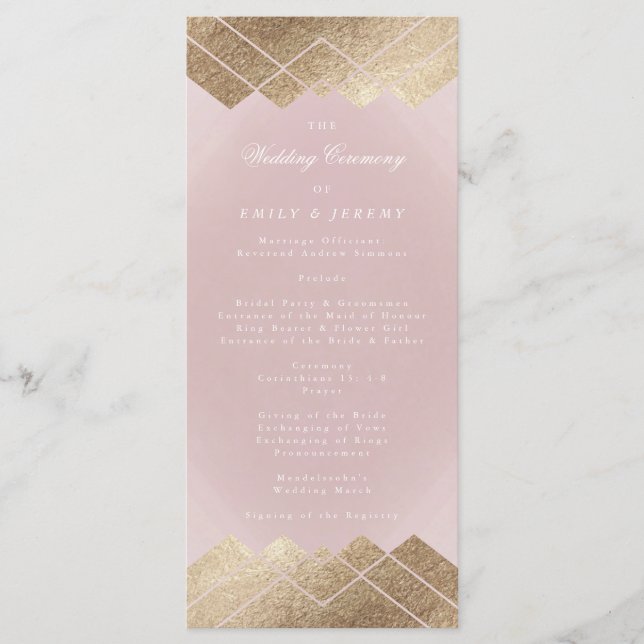 Geometric Pink Gold Gatsby Wedding Program Programme (Front)