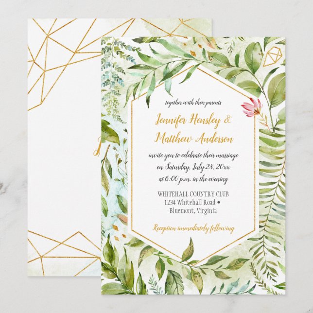 Geometric Pink Green Gold Botanicals Wedding Invitation (Front/Back)
