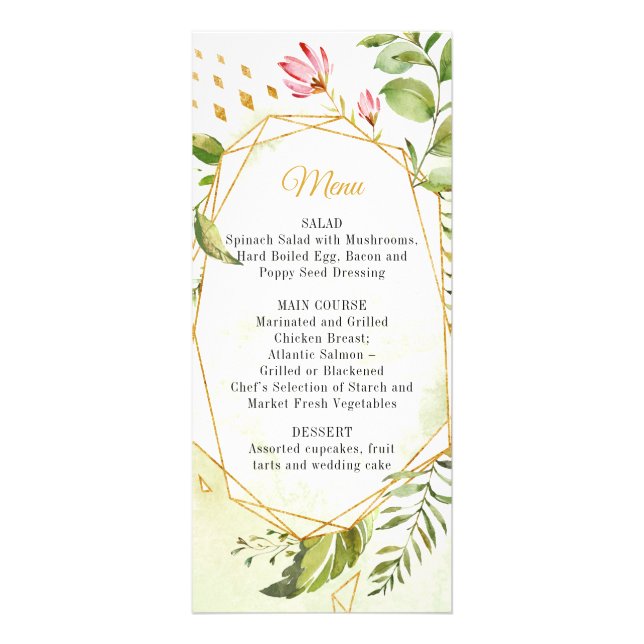 Geometric Pink Green Gold Botanicals Wedding Menu (Front)