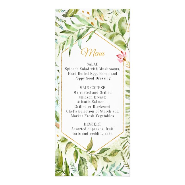 Geometric Pink Green Gold Botanicals Wedding Menu (Front)
