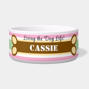 Geometric Pink Green Stripes Dog Bone Name