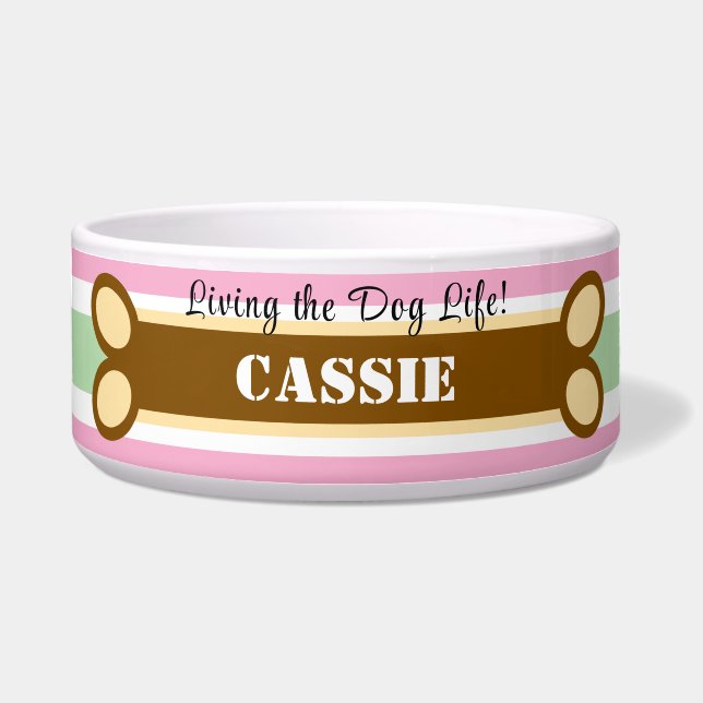 Geometric Pink Green Stripes Dog Bone Name (Front)