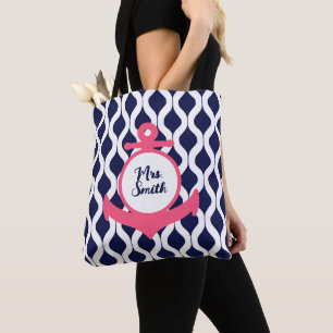 Geometric Pink, Navy Blue Nautical Anchor Teacher Tote Bag