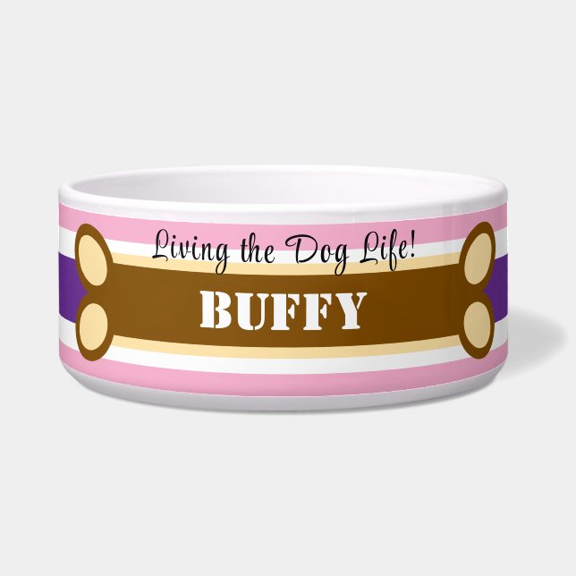 Geometric Pink Purple White Stripes Dog Bone Name (Front)