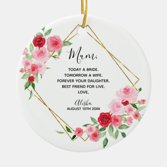 Geometric Pink Rose Bridal Bridesmaid Ceramic Tree Decoration (Front)