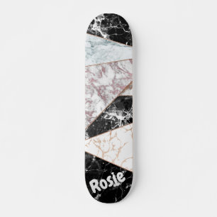 Geometric pink rose gold black white marble skateboard