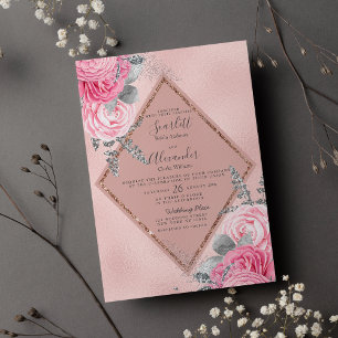 Geometric pink silver rose gold floral wedding invitation
