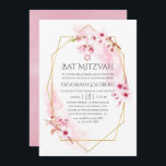 Geometric Pink Spring Blossom Bat Mitzvah Invitation<br><div class="desc">Pink watercolor floral bat mitzvah invitation featuring sakura blossom with gold geometric frame customisable to your event specifics.</div>