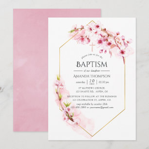 Geometric Pink Spring Cherry Blossom Baptism Invitation