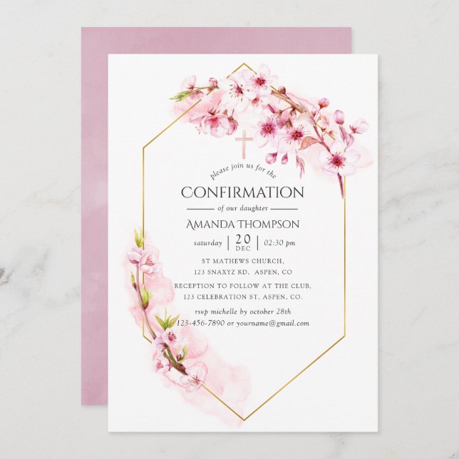 Geometric Pink Spring Cherry Blossom Confirmation Invitation (Front/Back)