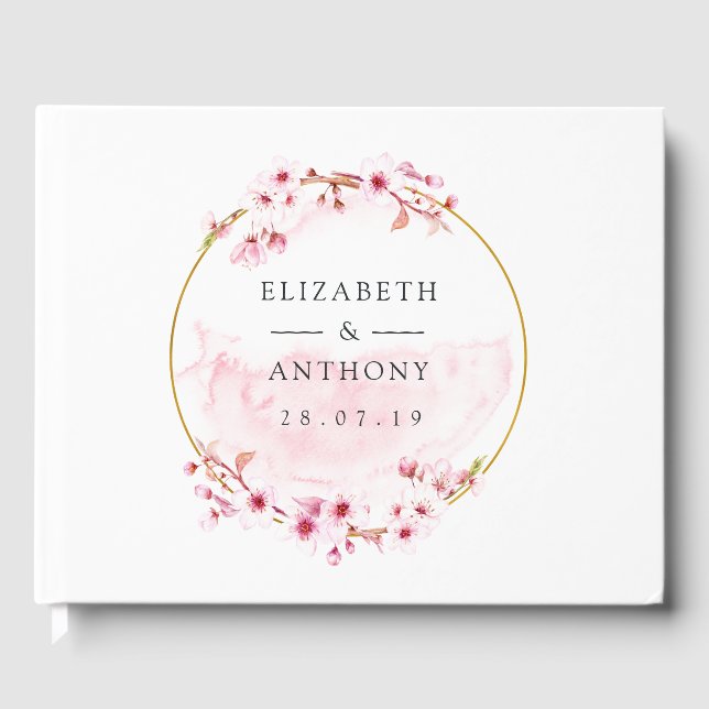Geometric Pink Spring Cherry Blossom Wedding Guest Book (Front)