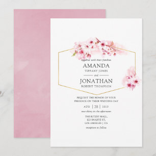 Geometric Pink Spring Cherry Blossom Wedding Invitation