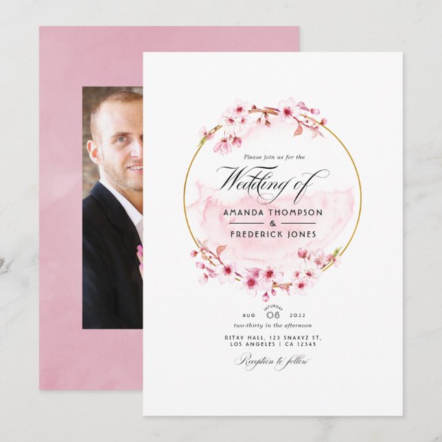 Geometric Pink Spring Cherry Blossom Wedding Invitation (Front/Back)