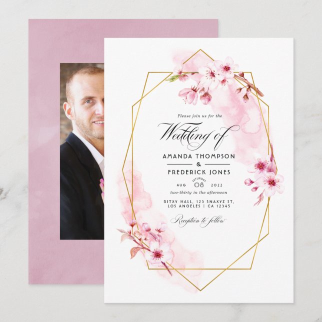 Geometric Pink Spring Cherry Blossom Wedding Photo Invitation (Front/Back)