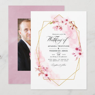 Geometric Pink Spring Cherry Blossom Wedding Photo Invitation