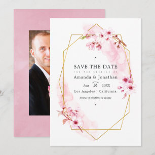 Geometric Pink Spring Cherry Blossom Wedding Photo Save The Date