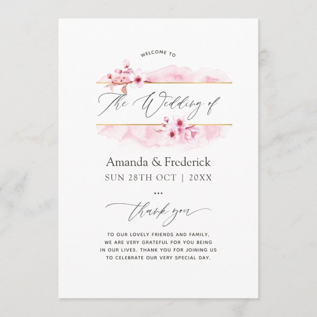 Geometric Pink Spring Cherry Blossom Wedding Programme (Front)
