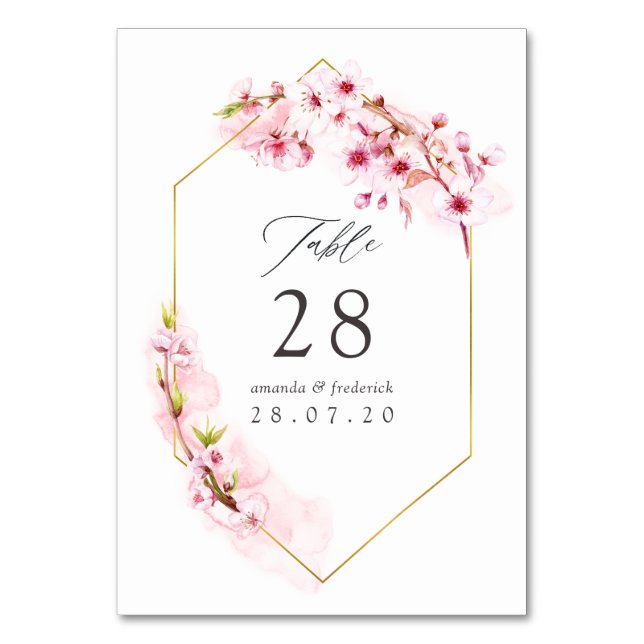 Geometric Pink Spring Cherry Blossom Wedding Table Number (Front)