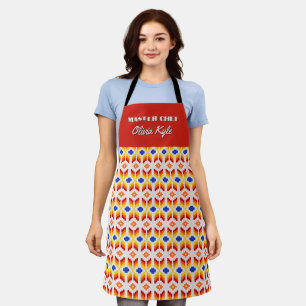 Geometric Pixel Floral Pattern in Red Orange Yello Apron