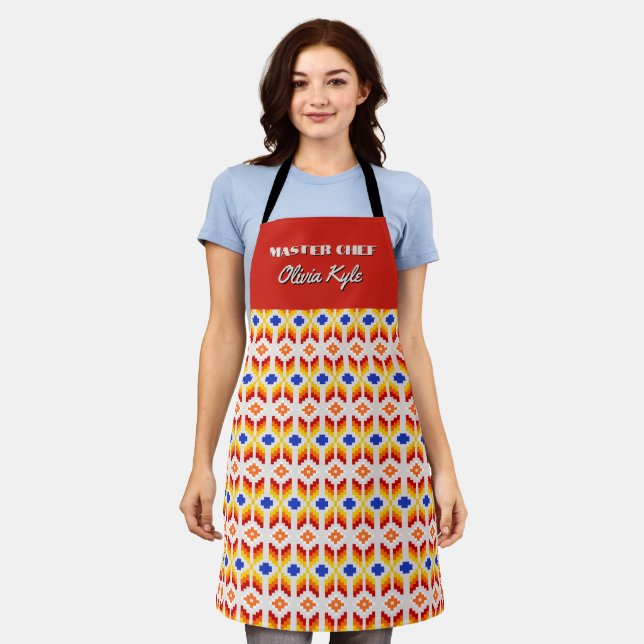 Geometric Pixel Floral Pattern in Red Orange Yello Apron (Worn)