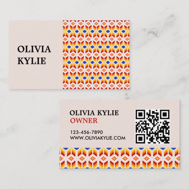 Geometric Pixel Floral Pattern in Red Orange Yello Business Card (Front/Back)