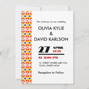 Geometric Pixel Floral Pattern in Red Orange Yello Invitation